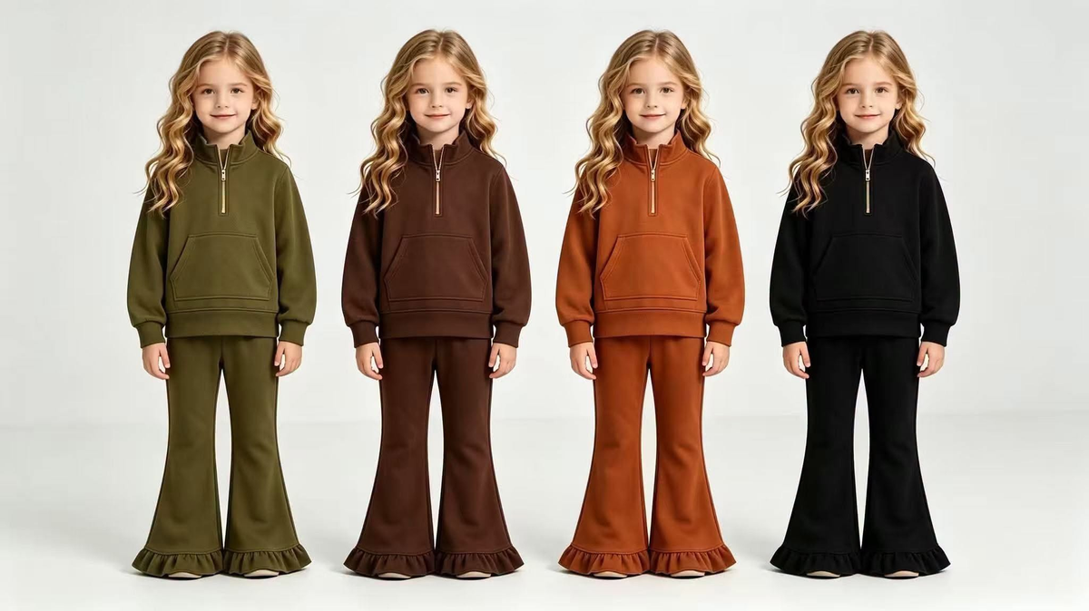 RTS NO MOQ Sibling fleece Baby Girls Solid Color Zip Pockets Top Flare Ruffle Pant Sweater Clothes Set