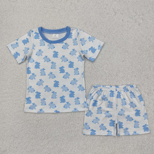 RTS NO MOQ ETA 5/7days Arrived BSSO1163 Easter plaid polka dot bunny blue and white short sleeve and short pants pajama set