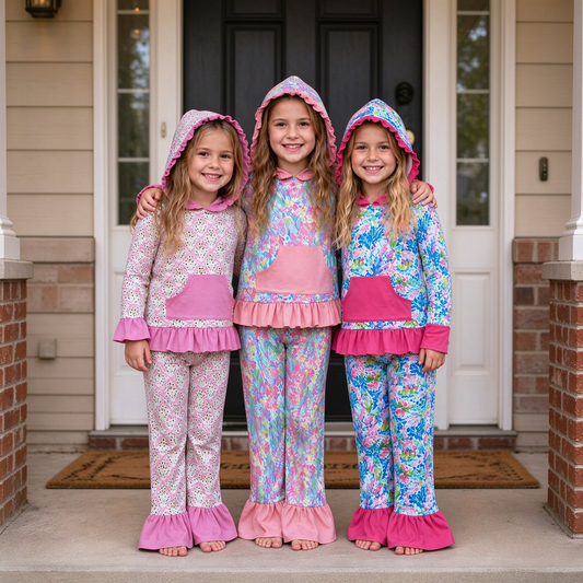 RTS NO MOQ Sibling milk silk Baby Girls Colorful Floral Print Ruffle Hoodie Flare Pant Outfit