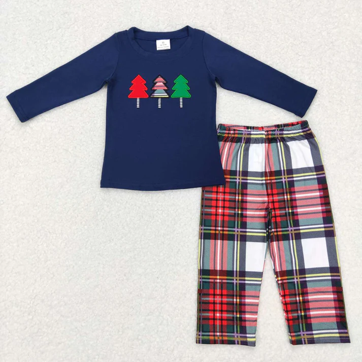 RTS NO MOQ Sibling Baby boy girl clothes Embroidery Christmas trees long-sleeved trousers suits