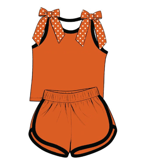 custom moq 5 mix size Baby Girls Orange polka dots Bow Sleeveless Orange Top Shorts Summer Casual Clothes Set