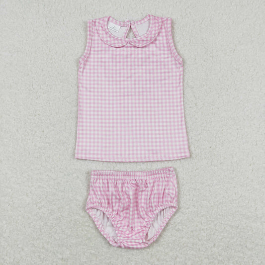 GBO0222 Pink and white plaid doll collar sleeveless briefs set