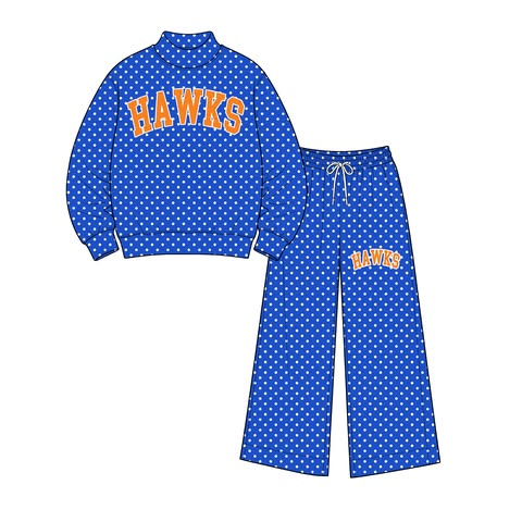 custom moq 5 mix size AAMY0103 Adult To Match Kids High Neck Team Blue Polka Dot Sweatshirt And Drawstring Wide Leg Pants Outfit Set