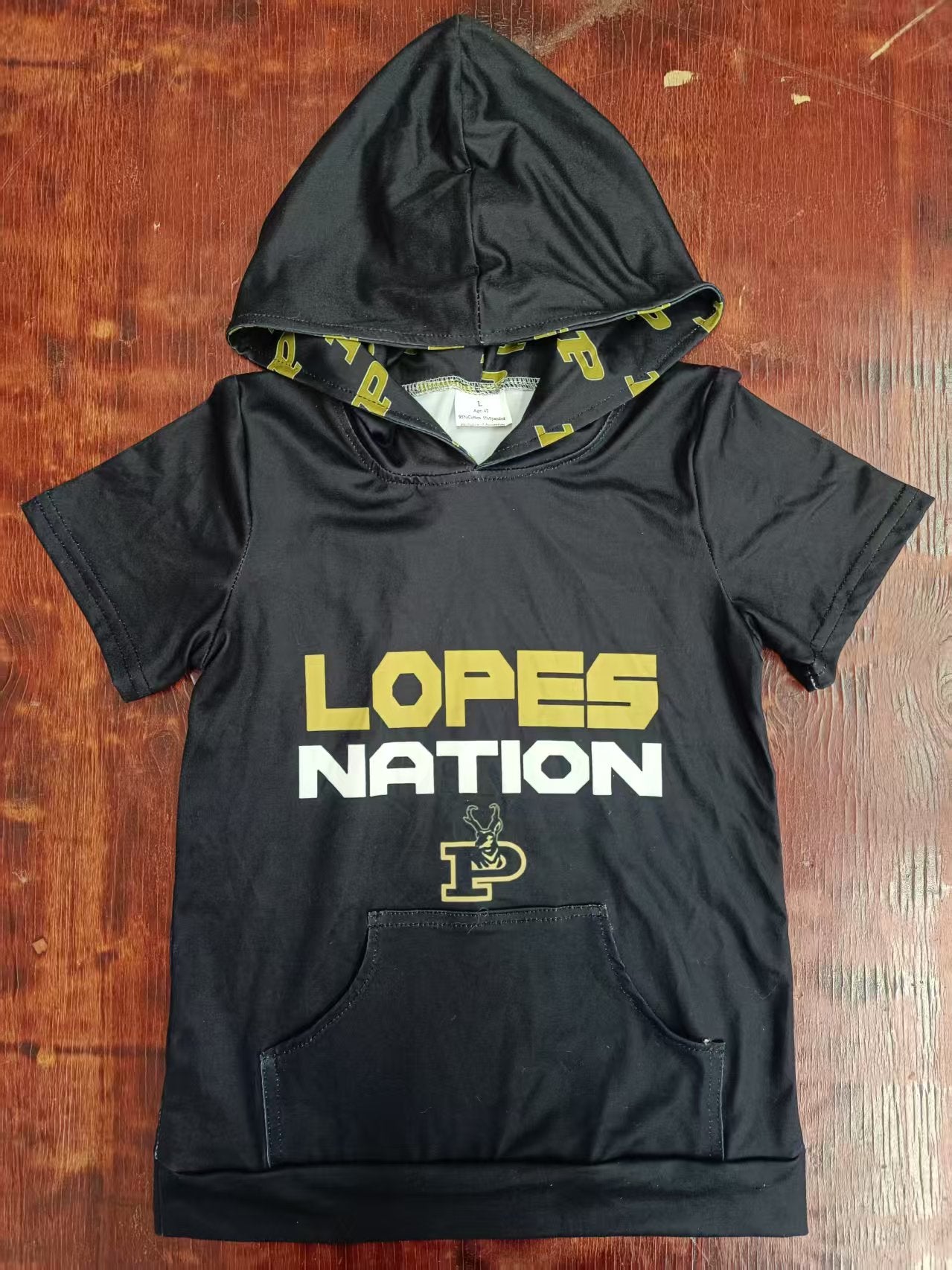 Custom moq 3 eta 6-7weeks baby kids clothes black hooded short sleeve shirt