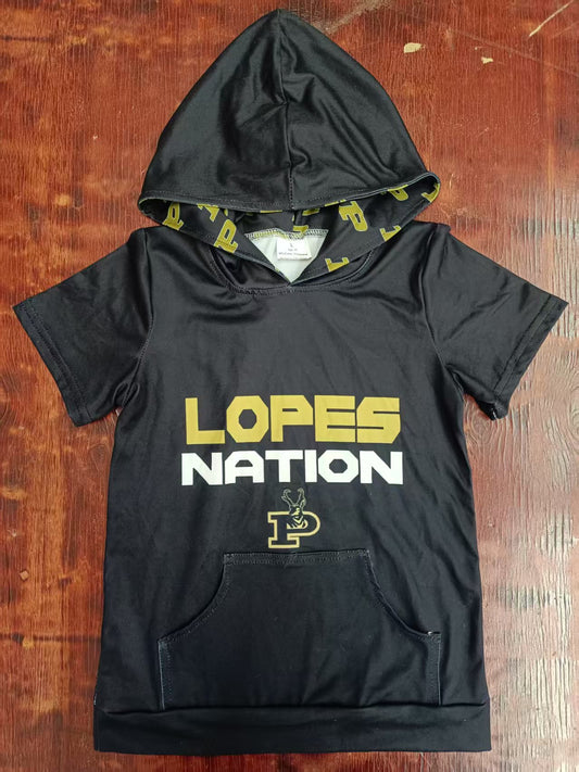 Custom moq 3 eta 6-7weeks baby kids clothes black hooded short sleeve shirt