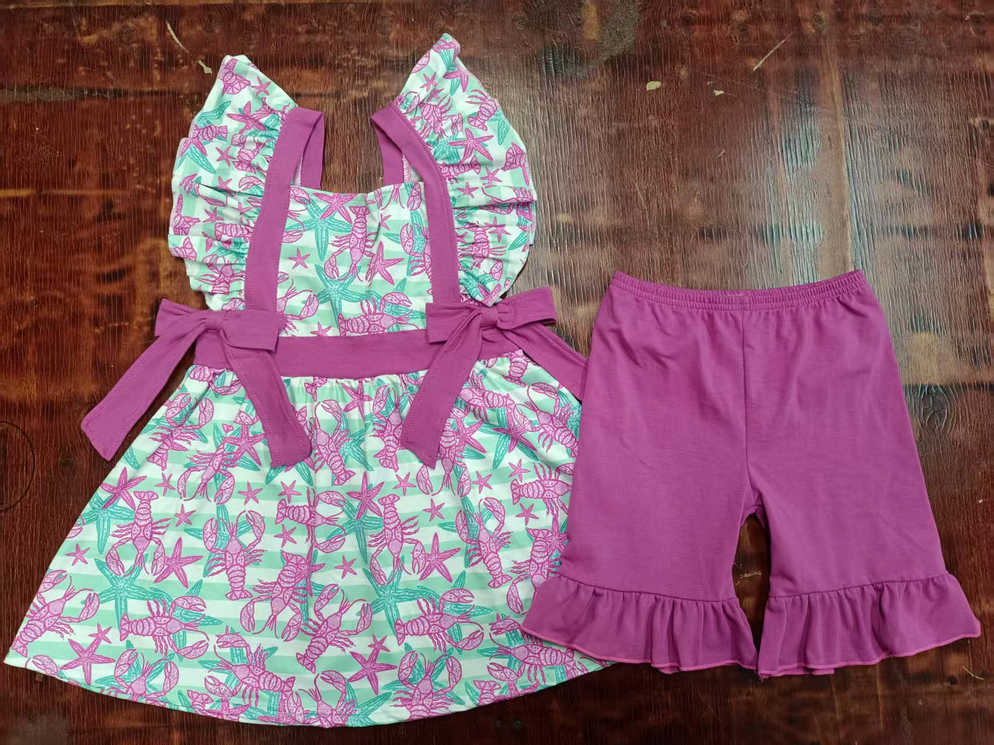 Custom moq 3 eta 6-7weeks baby girls clothes lobster purple flying sleeve shorts sets