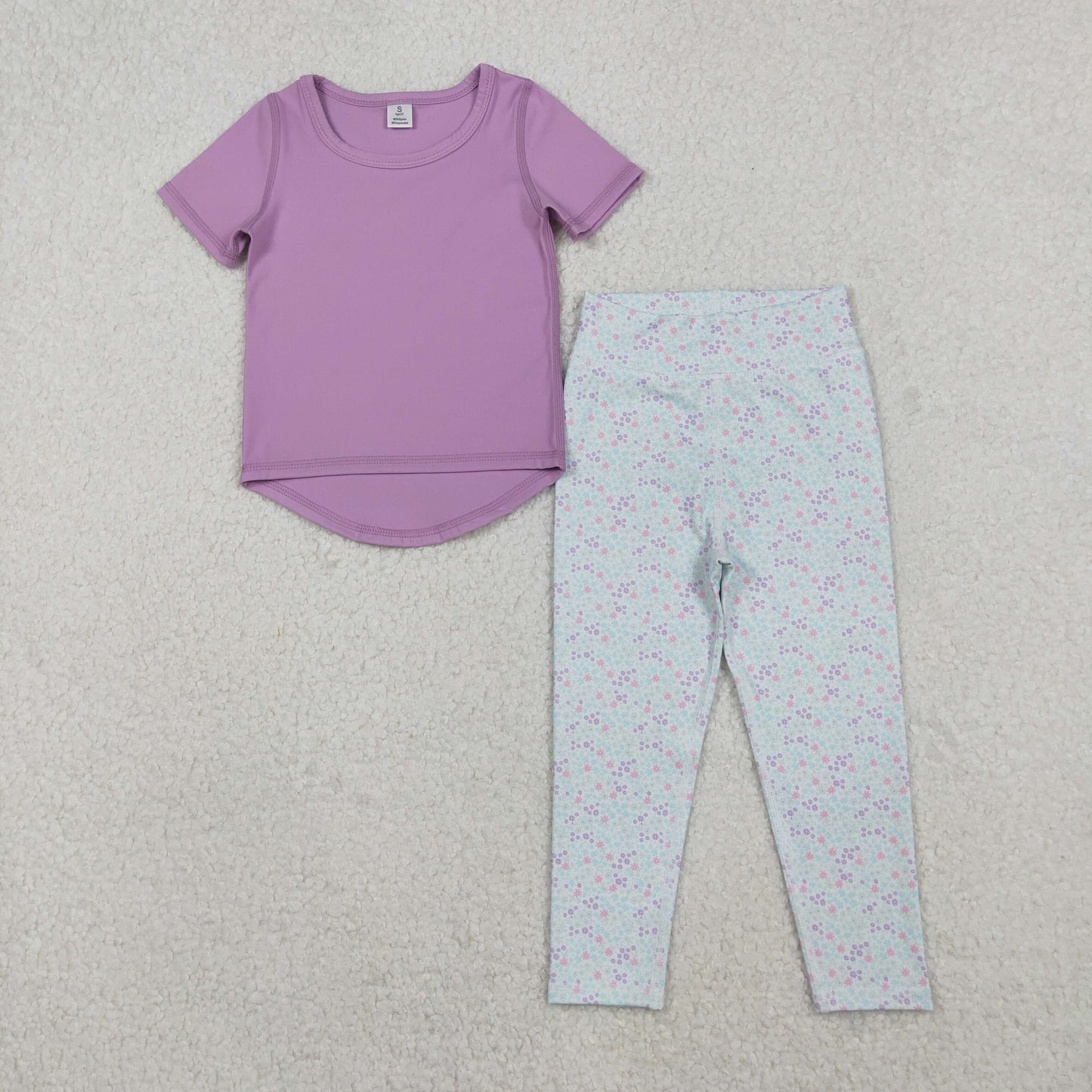 RTS NO MOQ（In Stock) GSPO2067 Solid Purple Short-Sleeved Floral Pants Yoga Set