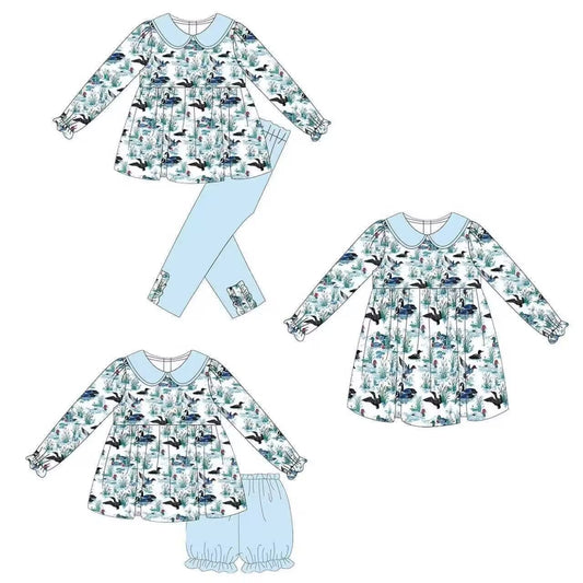 Custom moq 5 each style eta 6-7weeks baby girl clothes duck long sleeve pants sets and short sets and dress -25.8.14