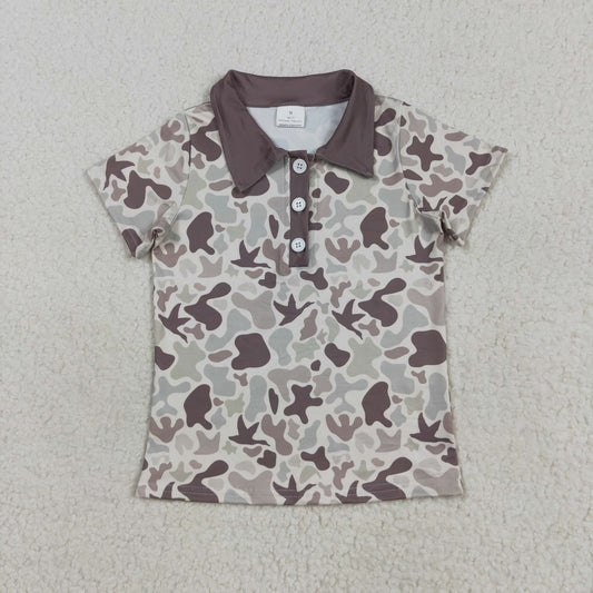 RTS NO MOQ（In Stock) BT1261 Duck Camouflage Beige Brown Collar Button Short Sleeve Top