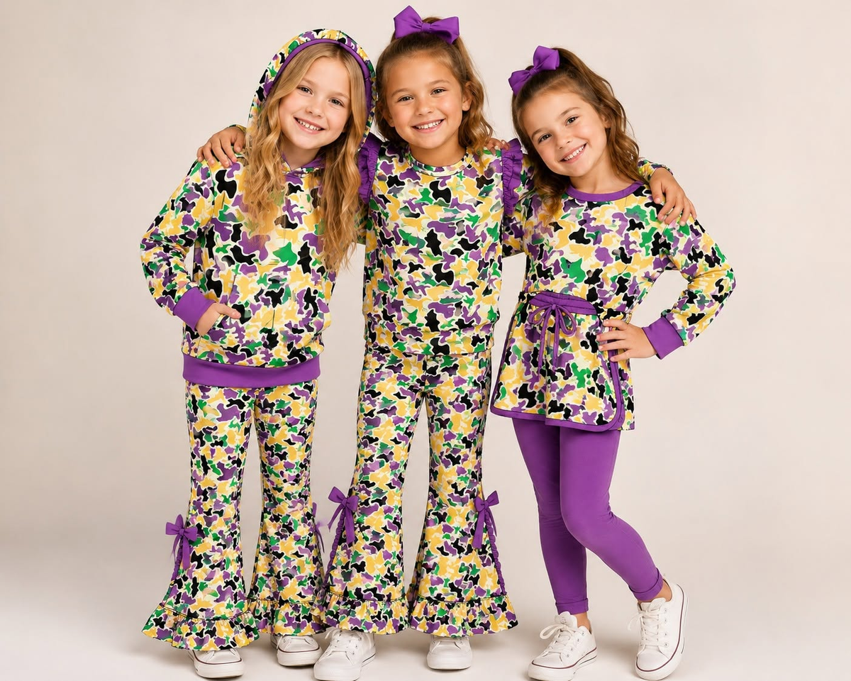 (Preorder new) No moq Baby Girls Camo Print Outfit Set Purple Green Gold Camouflage Hoodie Ruffle Flare Pants Girls Ruffle Sleeve Top Skirt Matching Clothes
