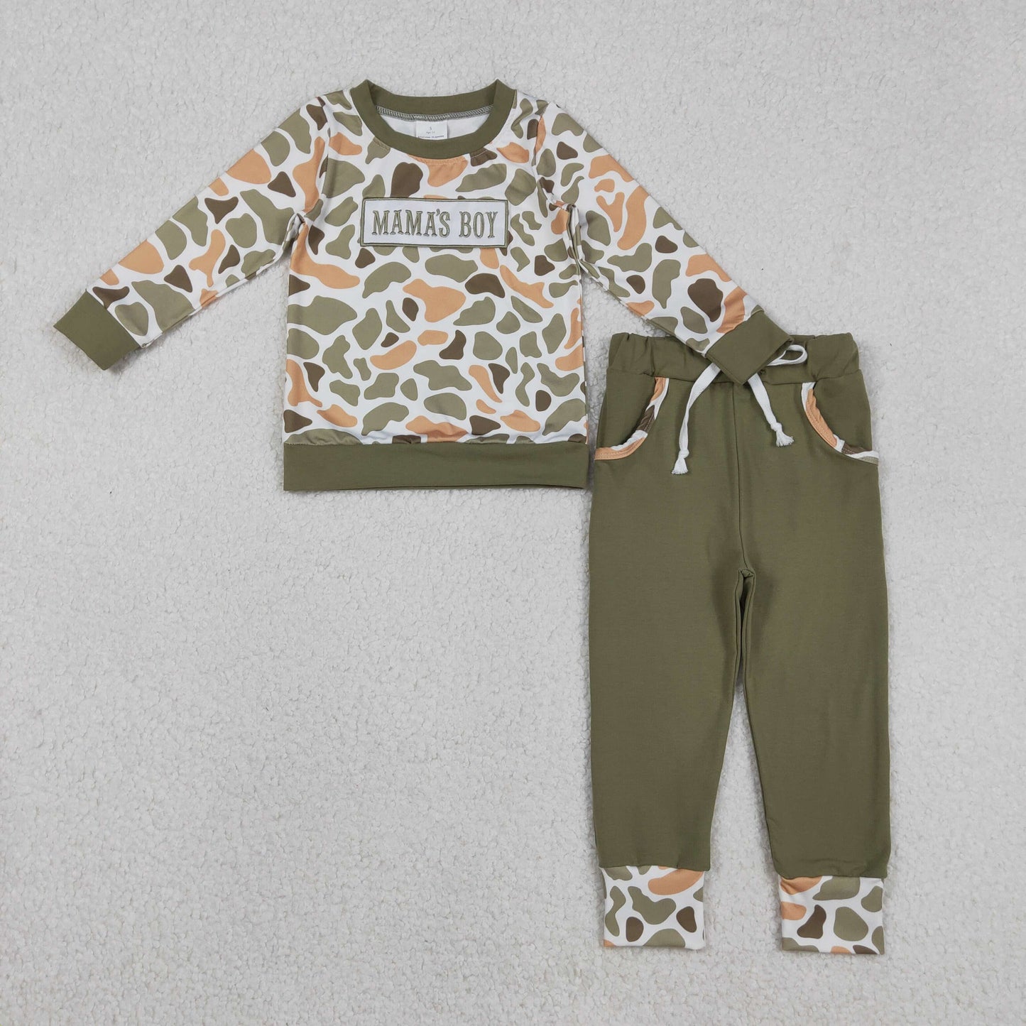 RTS NO MOQ（In Stock ) BLP1339 Embroidered Mama's Boy Orange-Green Camouflage Long-Sleeve Pants Set