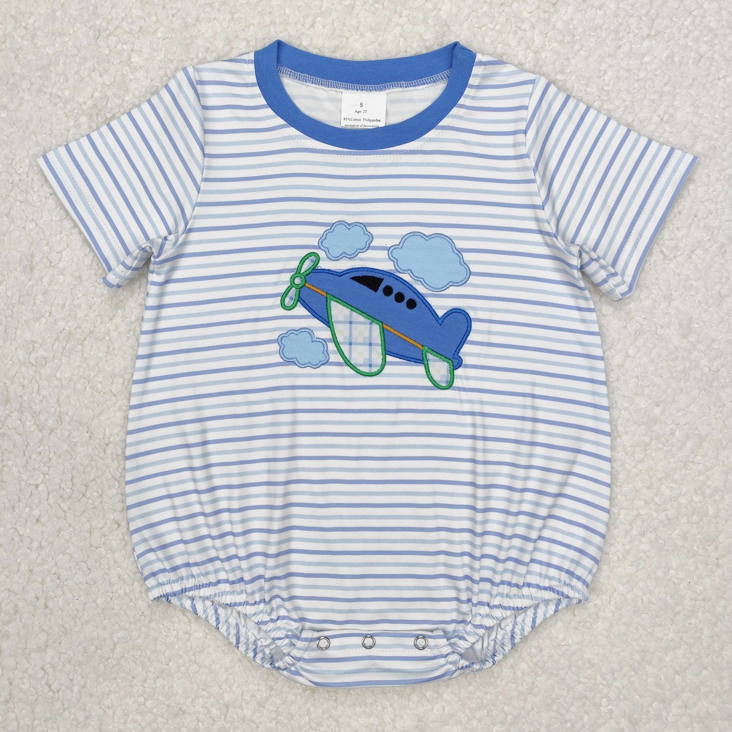 RTS NO MOQ ETA 5/7days arrived SR2244 Embroidered airplane white cloud blue striped short-sleeved jumpsuit