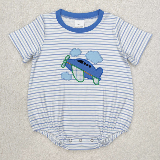 RTS NO MOQ ETA 5/7days arrived SR2244 Embroidered airplane white cloud blue striped short-sleeved jumpsuit