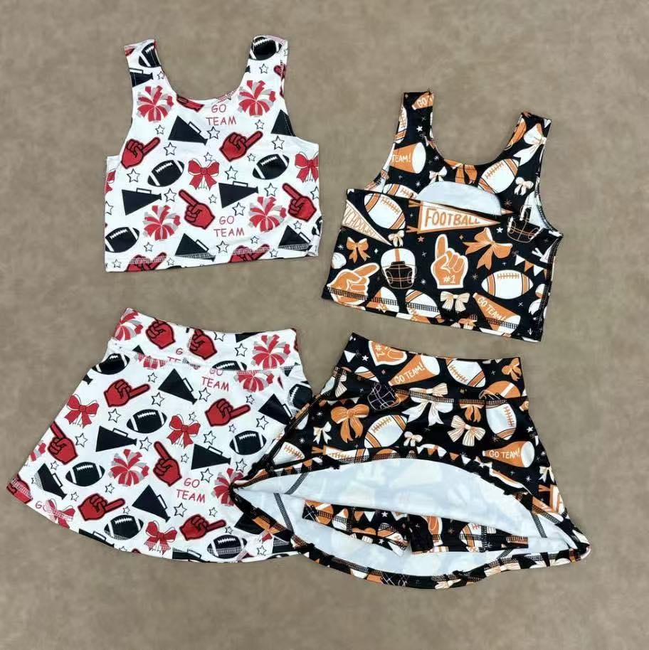 RTS NO MOQ Sibling baby girl clothes football flared orange bow pattern sleeveless skirt yoga set