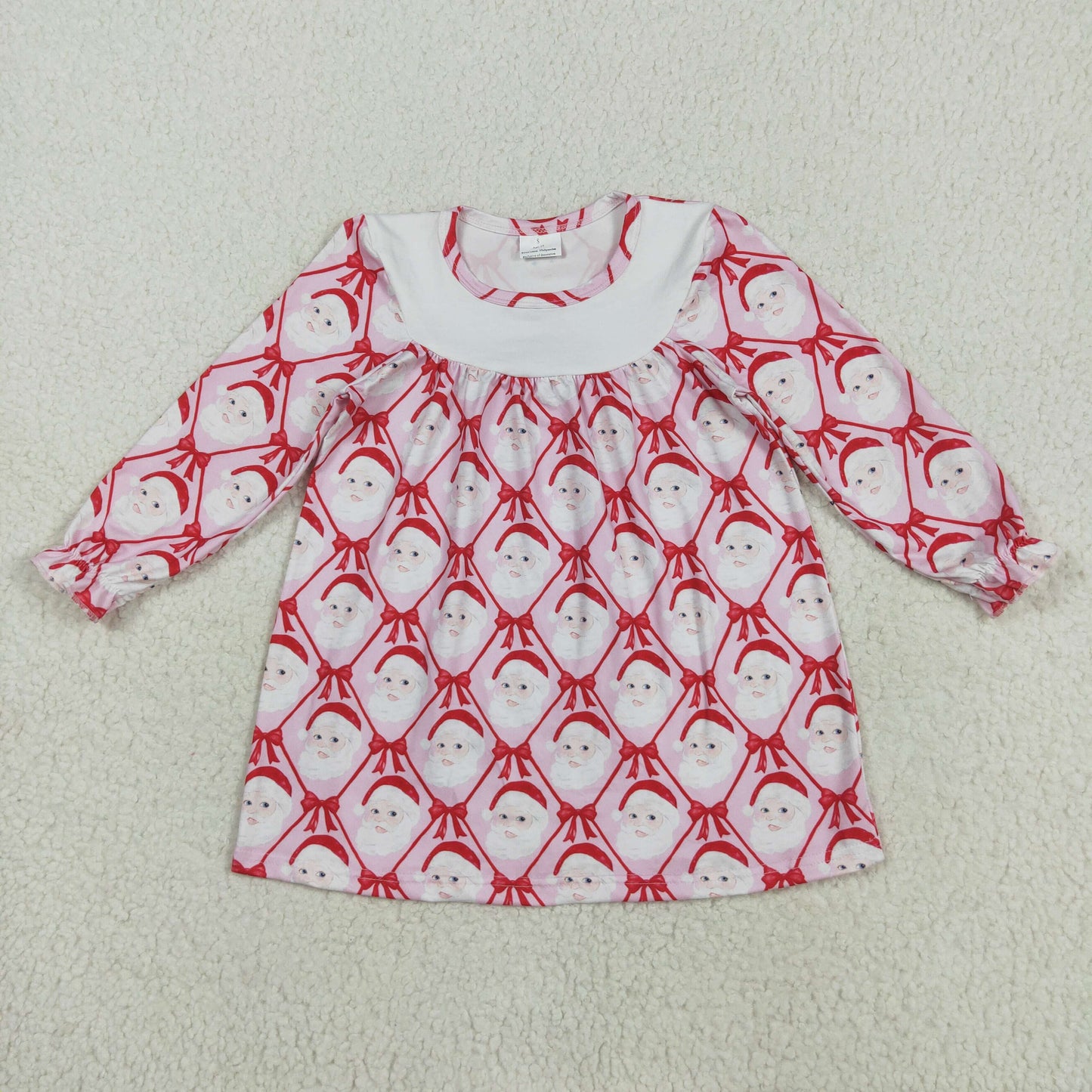 RTS NO MOQ（In Stock) GLD1136 Pink Plaid Long-Sleeved Dress with Santa Claus Red Bow