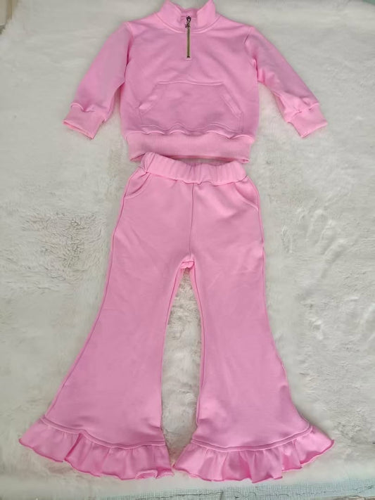 (Preorder new) No moq winter cotton thick fleece cotton Kids Girls Solid Pink Quarter Zip Mock Neck Sweatshirt And Ruffle Hem Flare Pants Set