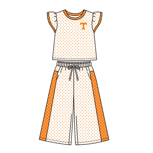 custom moq 5 mix size LHGNDN0104 Baby Girls Orange Polka Dot Print Flutter Sleeve Top Bell Bottom Flare Pants Team Set