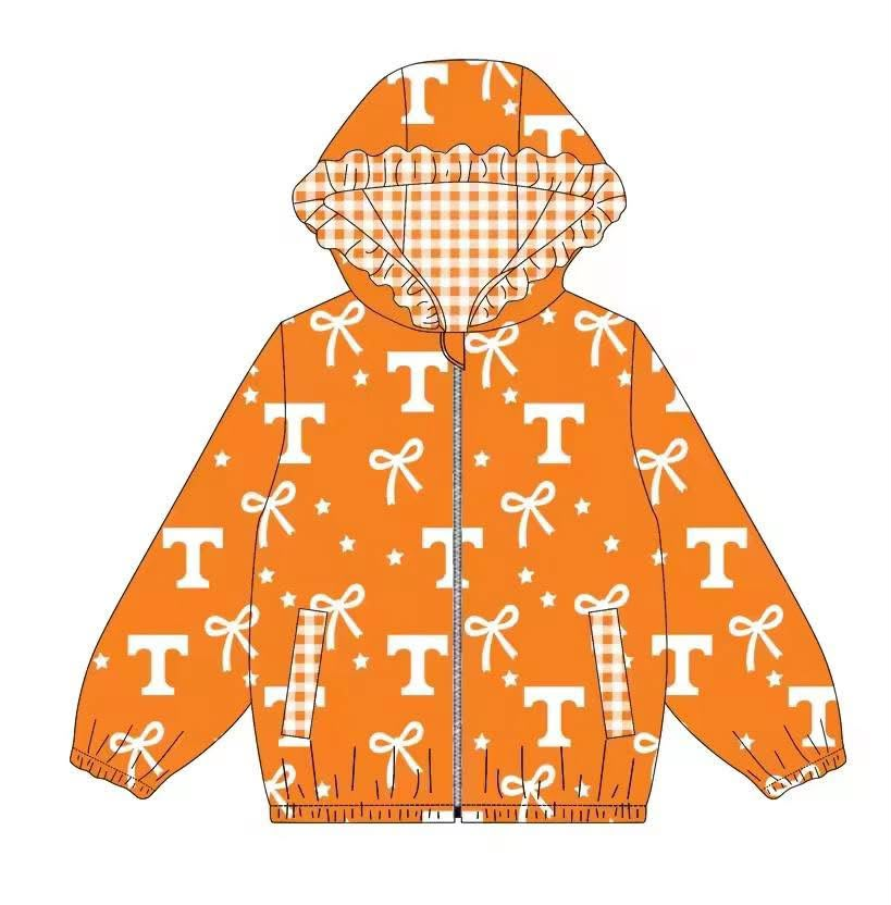 custom moq 5 mix size PYJS01 Baby Girls Bow Print Zip Up Hooded Jacket Plaid Lined Hood Pocket