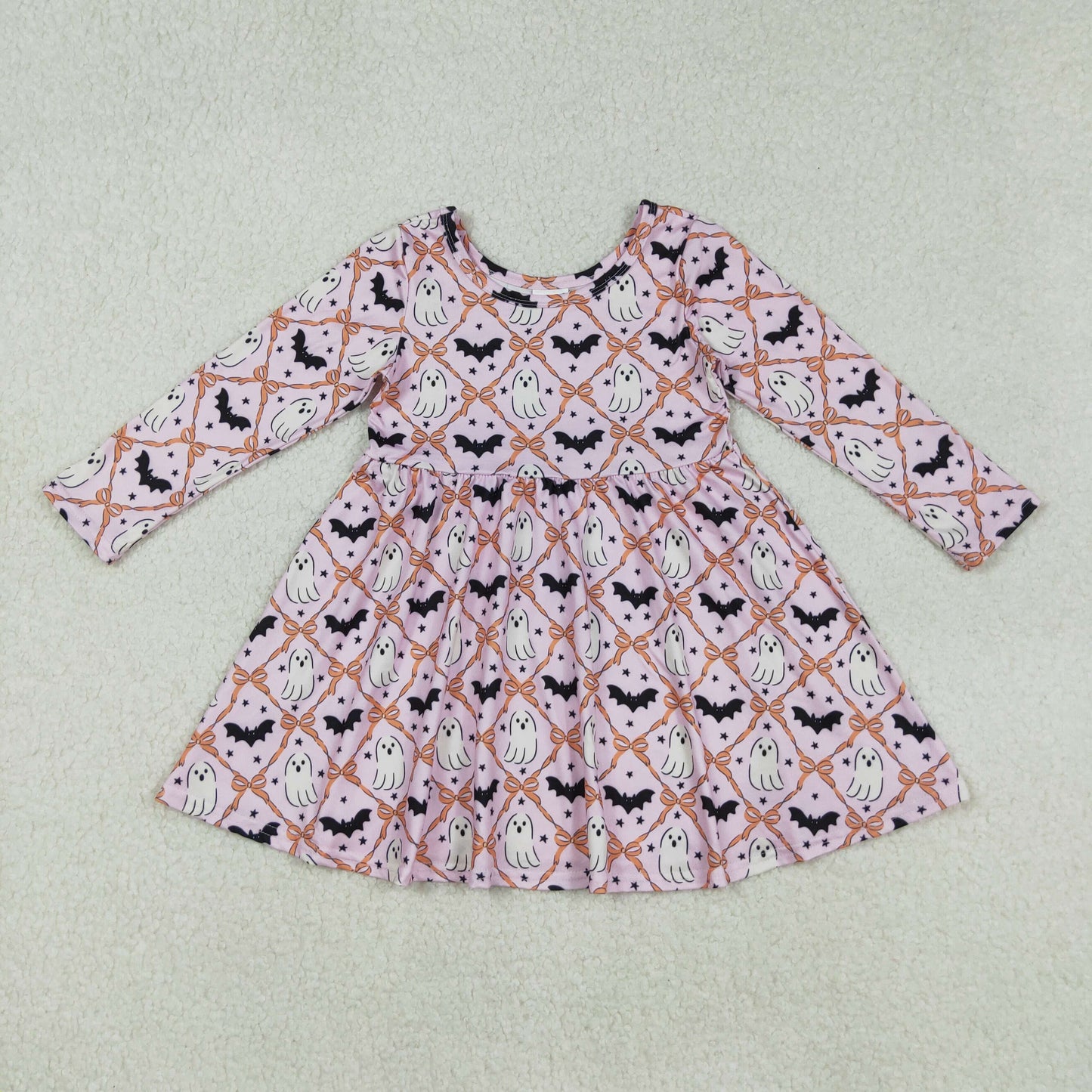 RTS NO MOQ（In Stock) GLD1232 Halloween Ghost Bat Star Orange Bow Pattern Pink Long-Sleeved Dress