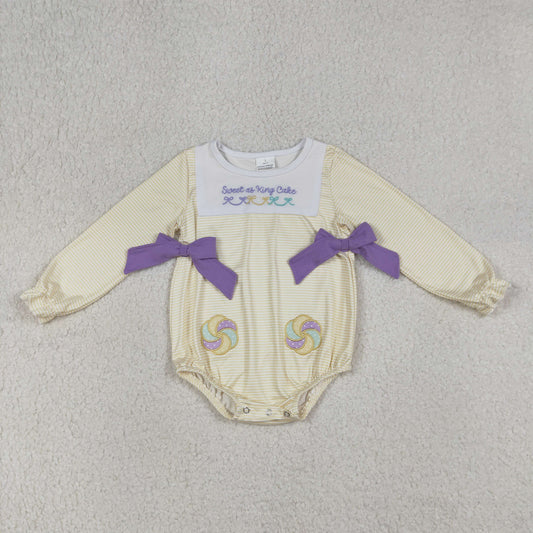 RTS NO MOQ（In Stock ) LR2770 Embroidered Sweet as King Cake Striped Long-Sleeved Jumpsuit