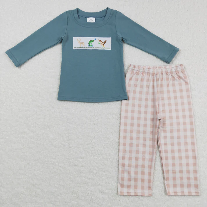 RTS NO MOQ Sibling baby Boys fishing embroidery long-sleeved pants set clothes and rompers