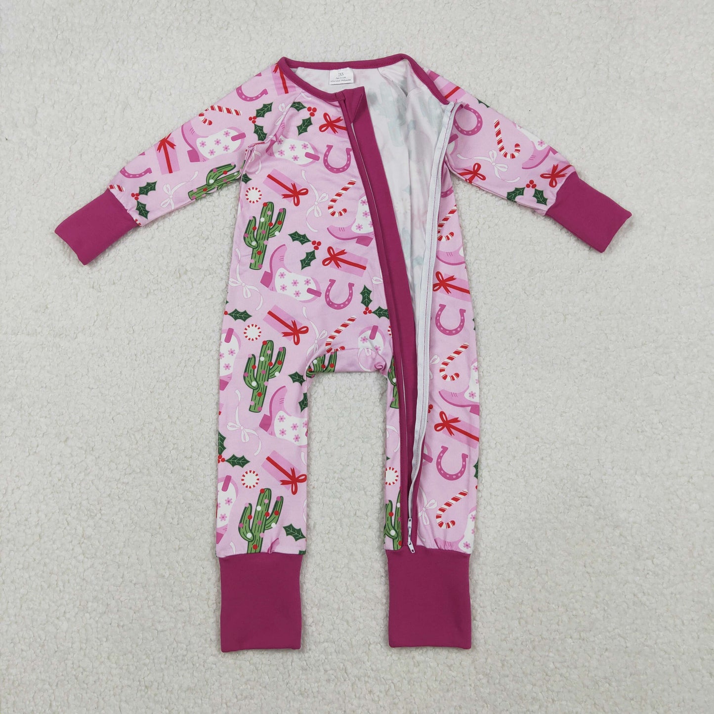 RTS NO MOQ（In Stock ) LR1742 Christmas Boots Cactus Gift Pink Purple Zipper Long-Sleeved Jumpsuit
