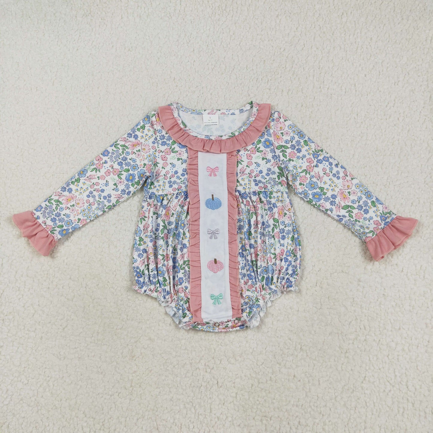 RTS NO MOQ（In Stock) LR2273 Embroidered Butterfly Pattern Pumpkin Flower Pink Lace Long Sleeve Bodysuit