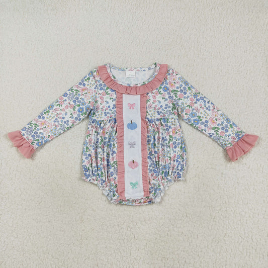 RTS NO MOQ（In Stock) LR2273 Embroidered Butterfly Pattern Pumpkin Flower Pink Lace Long Sleeve Bodysuit