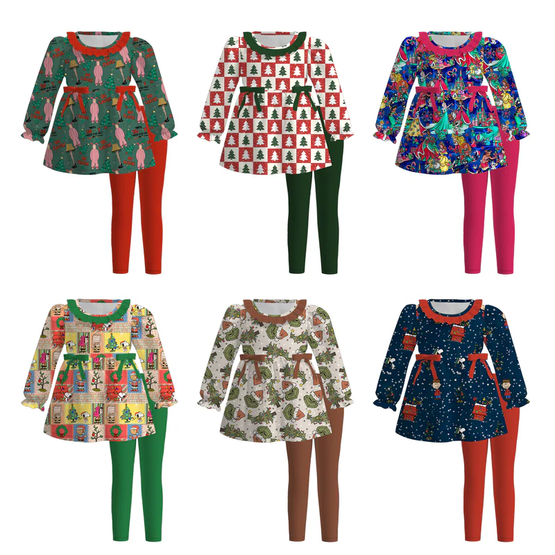 Custom moq 5 each style eta 6-7weeks baby girl clothes Christmas long sleeve pants sets 1 and sets 6-25.7.16