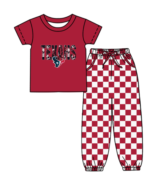 Custom moq 8 mix size milk silk summer teams baby boy clothes brick red plaid short sleeve pants sets-25.9.29