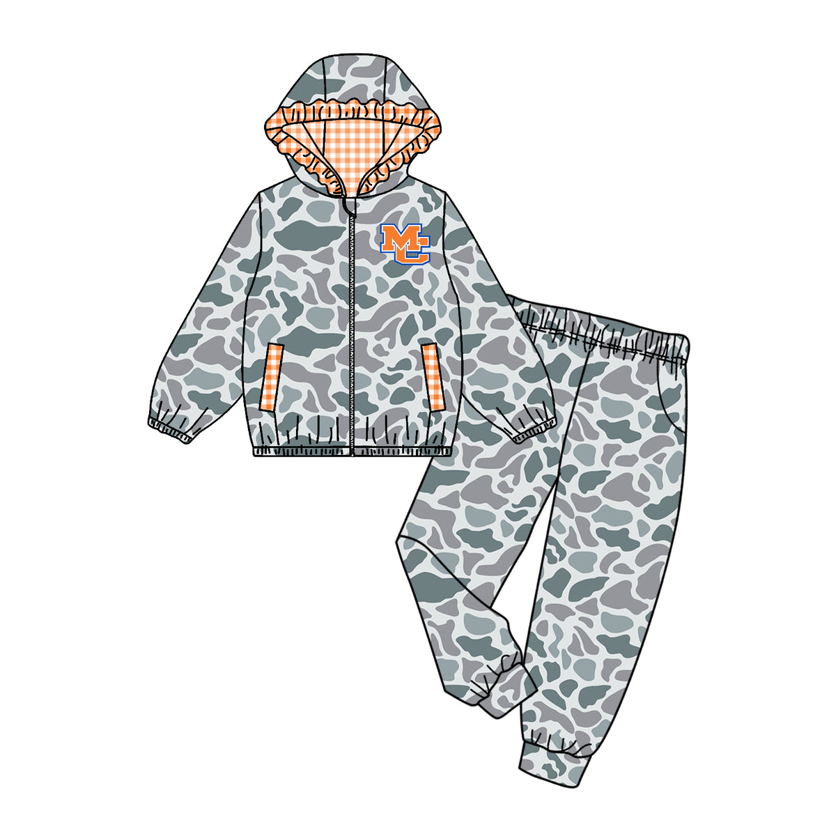 custom moq 5 mix size TYLA0103 Adult Team Camouflage Hoodie Tracksuit Plaid Lining Zipper Hooded Jacket Jogger Pants Set