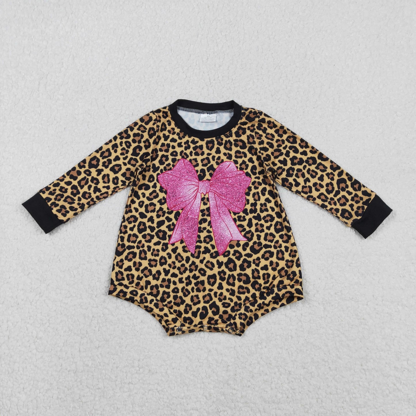 RTS NO MOQ（In Stock ) LR2775 Pink Bow Pattern Leopard Print Brown Long-Sleeve Jumpsuit