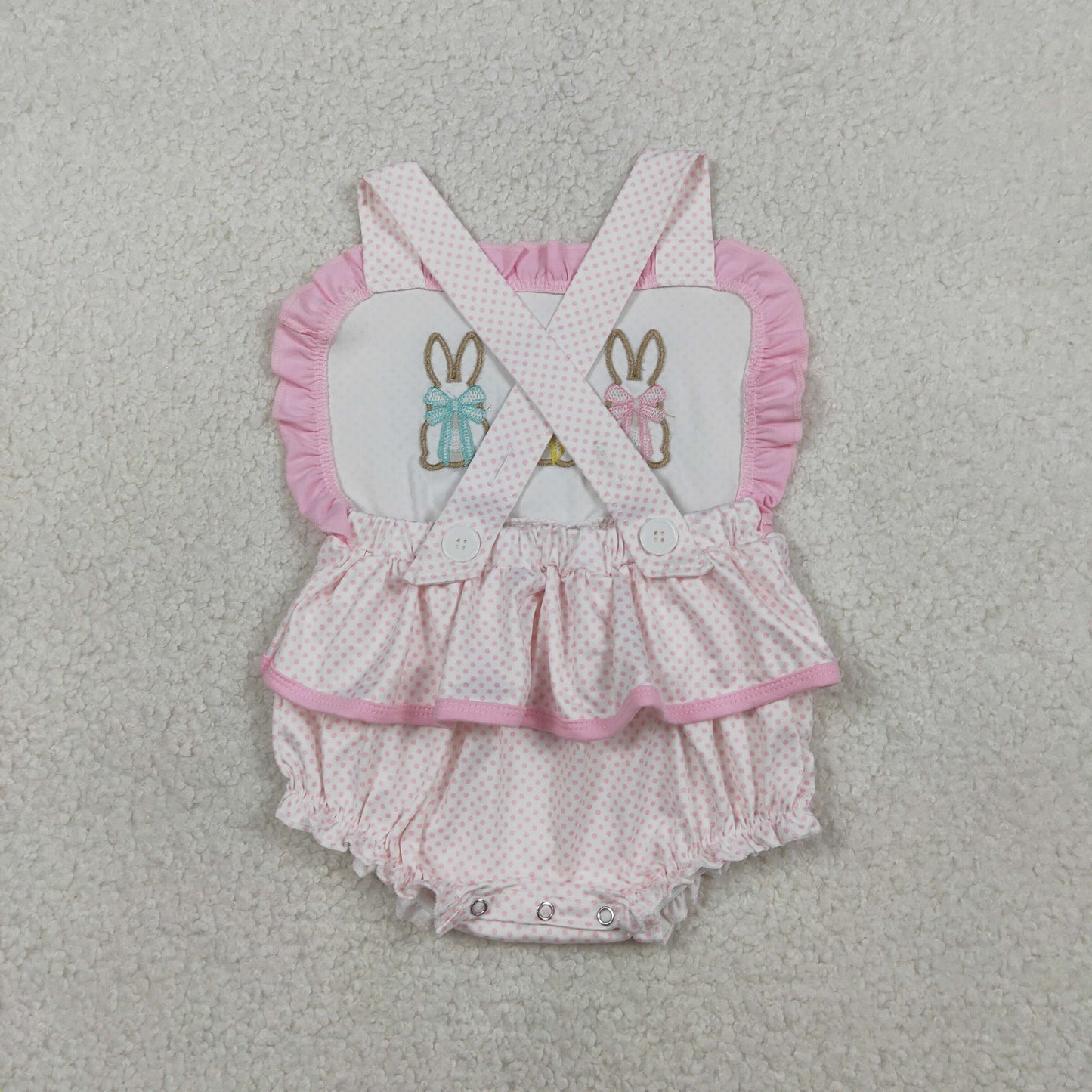 RTS NO MOQ（In Stock ) SR3477 Embroidered Easter Bunny Pink Lace Polka Dot Vest Jumpsuit