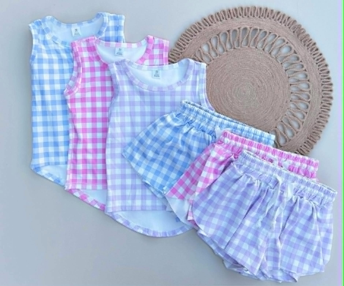 RTS NO MOQ Sibling Baby Girls Checked Vests Top with Butterfly Print Short Yoga Active Clothes Set for Kids