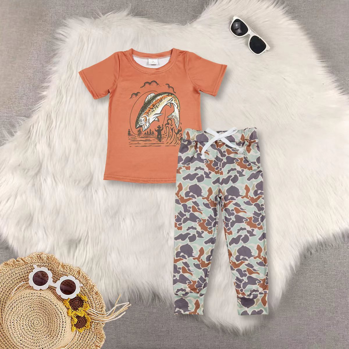 RTS NO MOQ Sibling baby boy clothes camouflage Fishing and Hunting Elk and Duck Beige Short-Sleeved Top
