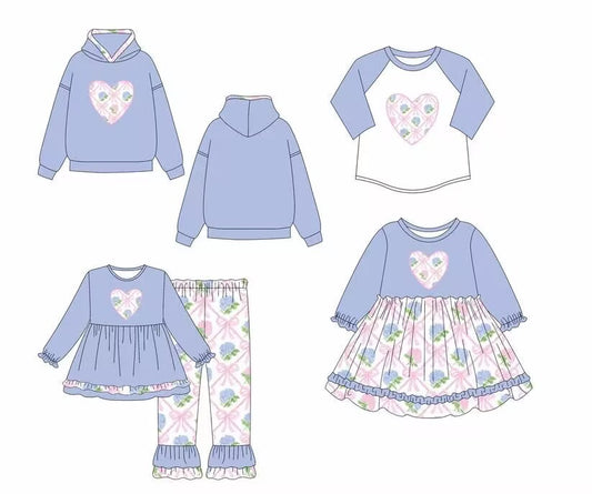 Custom moq 5 each style eta 6-7weeks baby girl clothes floral bow long sleeve pants sets and dress and hooded top and top-25.8.8