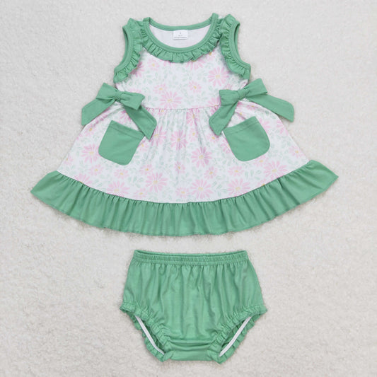 GBO0292 Floral green lace pocket bow sleeveless briefs set