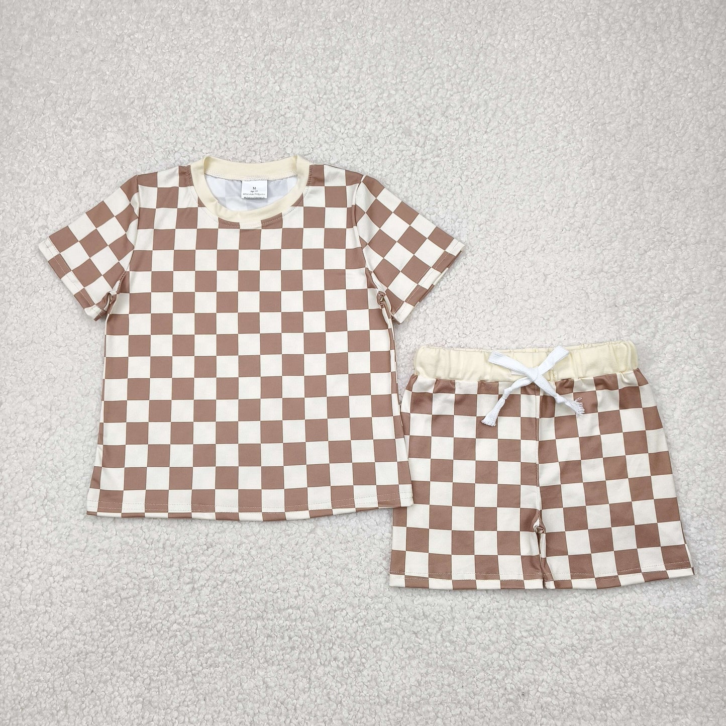 RTS NO MOQ BSSO1422 Beige and brown plaid short-sleeved shorts set