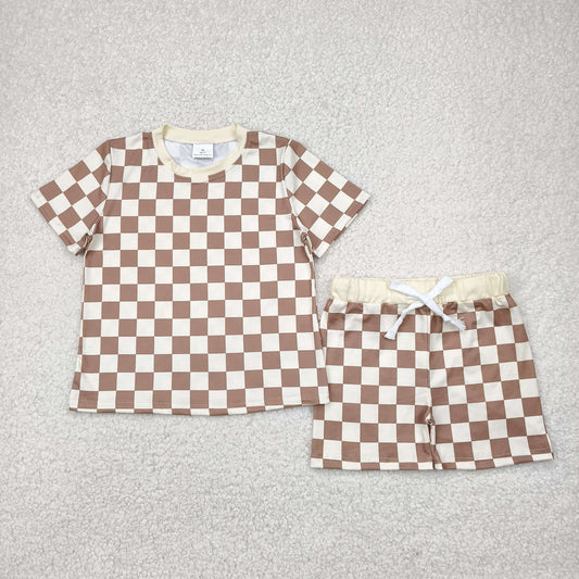 RTS NO MOQ BSSO1422 Beige and brown plaid short-sleeved shorts set