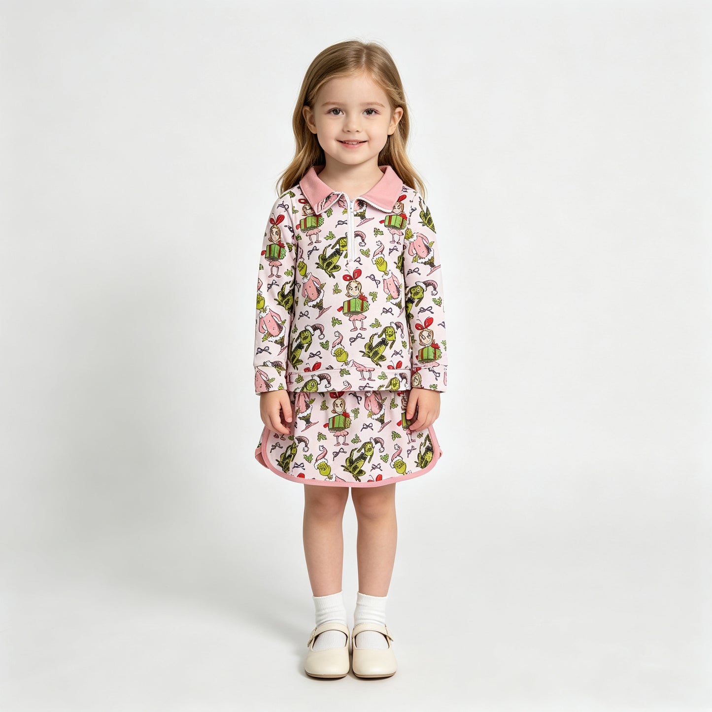 NEW RTS NO MOQ milk silk  GLD1610 Cute Clothes Baby Girls Christmas Zip Up Top Short Skirt Winter Christmas Holiday Clothes Set
