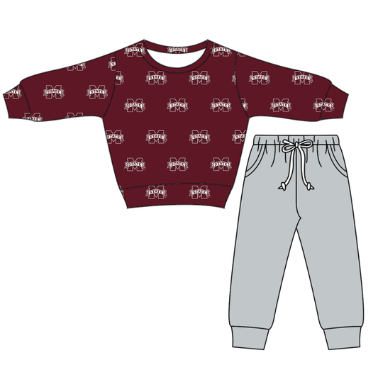 Custom moq 5 mix size milk silk summer teams baby boy clothes brick red and gray long sleeve pants sets-25.11.22