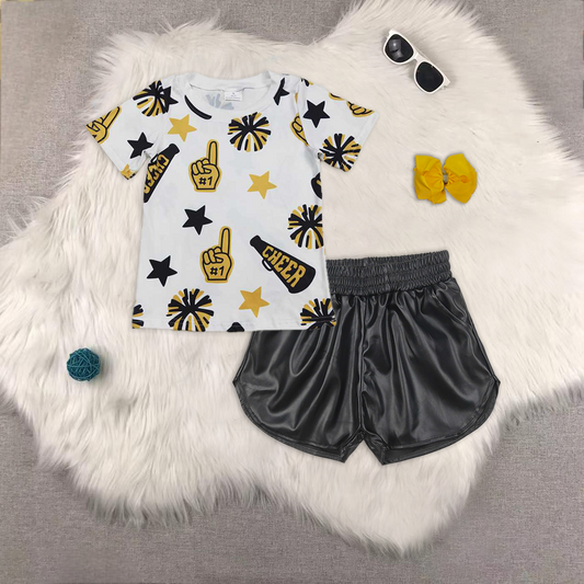 RTS NO MOQ ETA 5/7days Arrived GT0939+SS0413 Cheer black and gold fireworks star white short-sleeved top Glossy leather black shorts sets