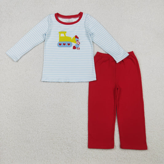 RTS NO MOQ（In Stock ) BLP1302 Embroidered Valentine's Day Heart Envelope Bulldozer Blue Striped Long-Sleeve Red Trousers Suit