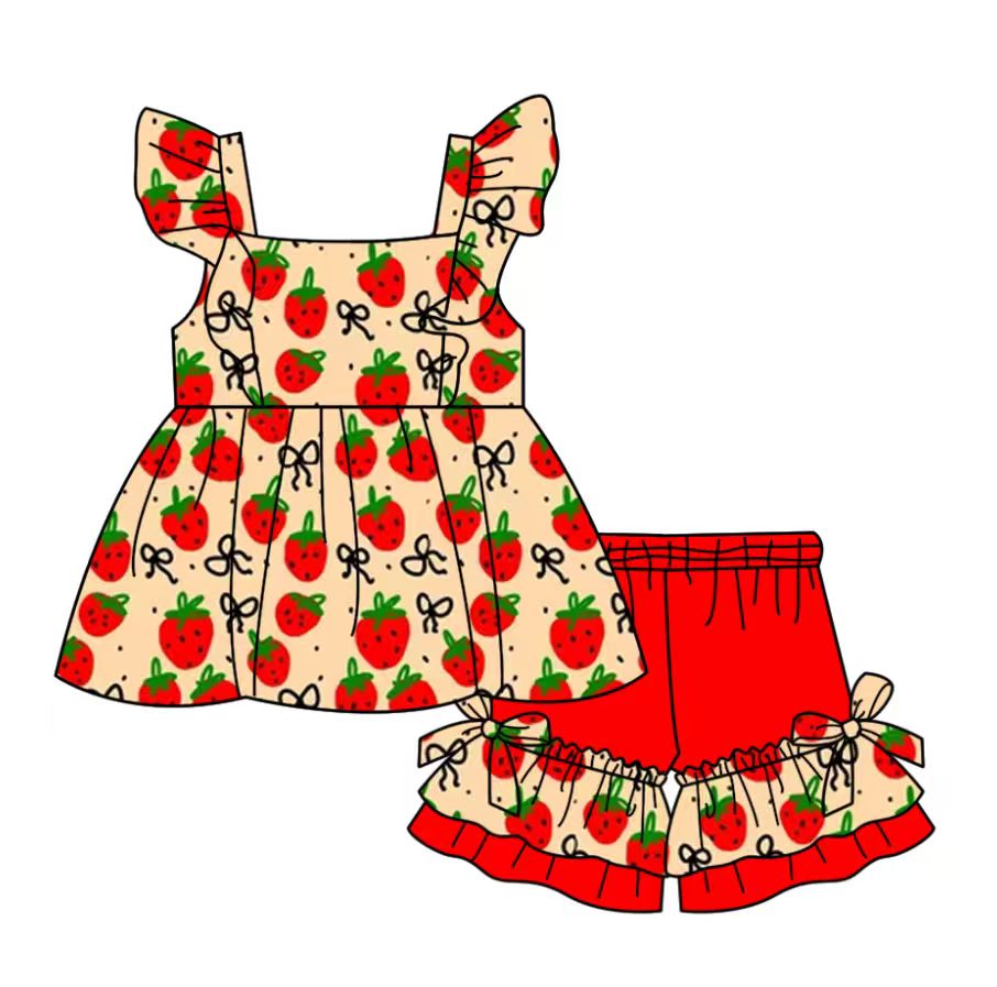 Custom moq 5 mix size milk silk baby girl clothes strawberry bow flying sleeve shorts sets and dresses 2