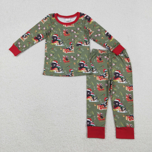 RTS NO MOQ（In Stock ) BLP1213 Christmas Duck Puppy Green Long-Sleeved Pants Pajama Set