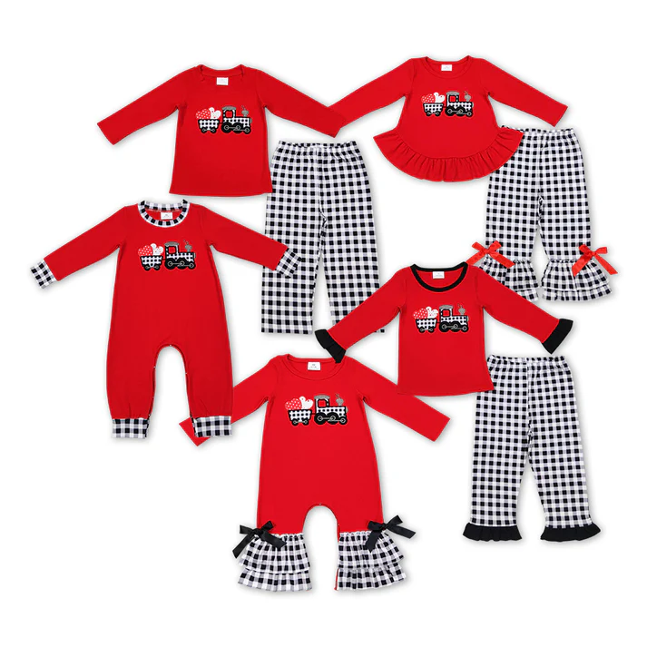 RTS NO MOQ Embroidered Valentine's Day Heart Truck Red Long Sleeve Suit & Romper