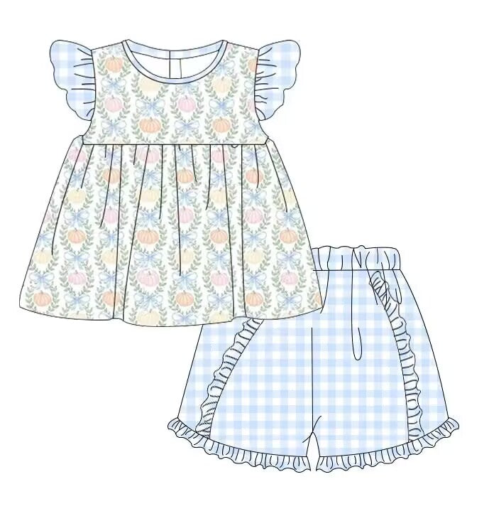 custom moq 5 eta 5-6 weeks baby girls clothes halloween light blue short sleeve grid shorts summer outfit