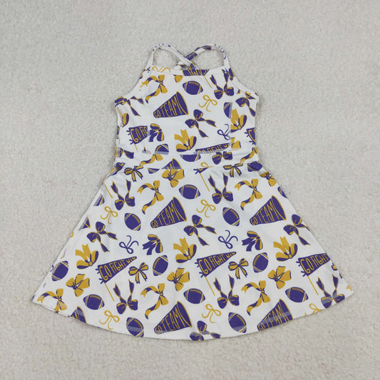 RTS NO MOQ（In Stock) GSD2781 Football flared yellow-purple bow-patterned yoga sleeveless dress