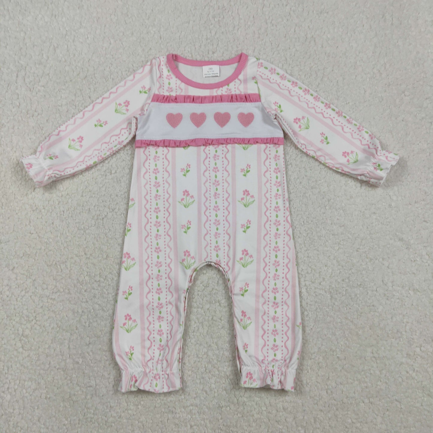 RTS NO MOQ（In Stock) Embroidered Heart Flower Pink Striped Wavy Line Long-Sleeved Bodysuit