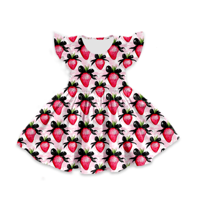 Custom moq 5 mix size milk silk baby girl clothes strawberry bow flying sleeve shorts sets and dresses 2
